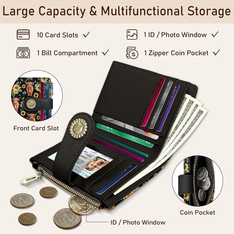 Kelvoris Highland Cow Cattle Sunflower Small Rfid Women Wallet Bifold Zipper Coin Pocket PU Leather Compact Cash Credit Card Holder Travel Wallet for Female Ladies Teen Girls 1 ID Window 10 Card Slots - Image 4